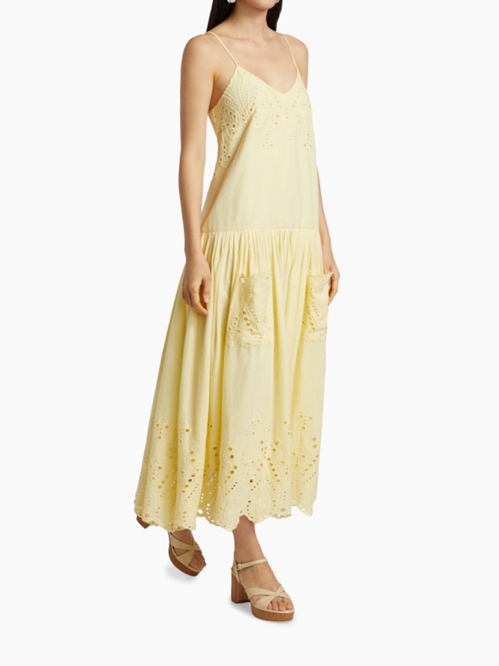 HUNTER BELL Pale Yellow Eyelet Maxi Dress with Pockets